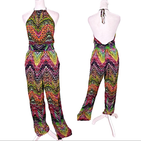 Sartore Pants - SARTORE Couture Jumpsuit halter open back bright rainbow colors Small Pe…